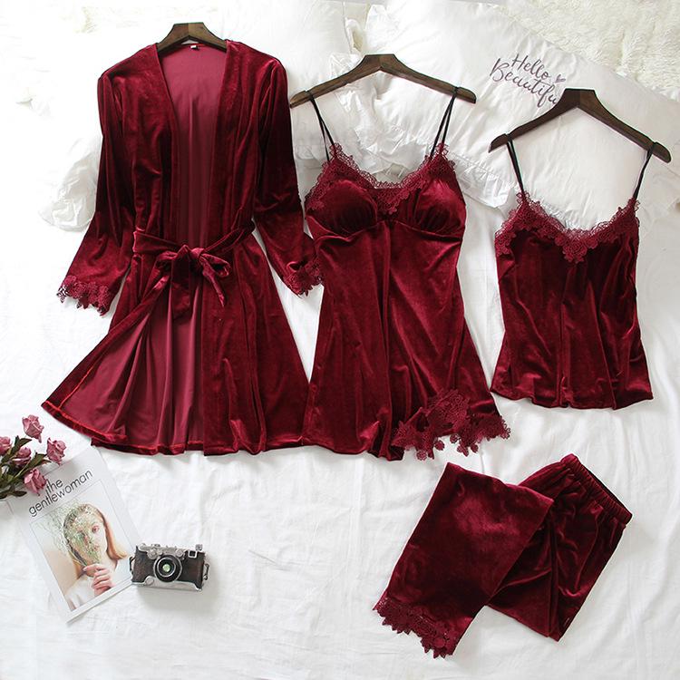 

Осенне-зимний женский сексуальный кружевной комплект пижамы с отделкой из бархата, свободная велюровая домашняя одежда, пижамный костюм, кимоно, халат, платье M