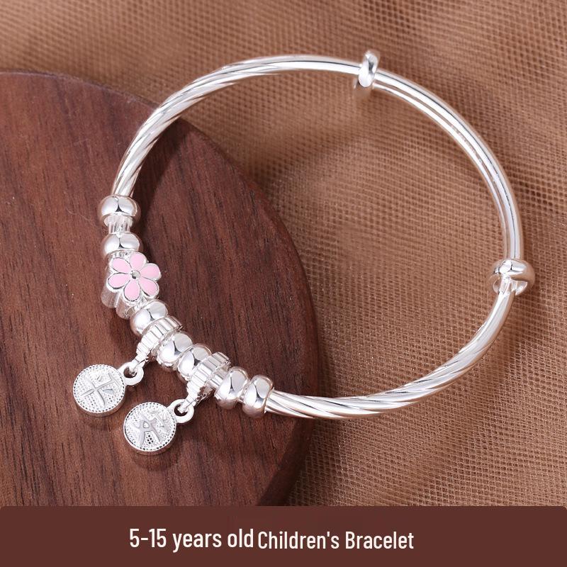 Sterling Silver Flower Peace Push-Pull Bracelets for Kids - Solid Enamel Design, Medium & Large Sizes Available.