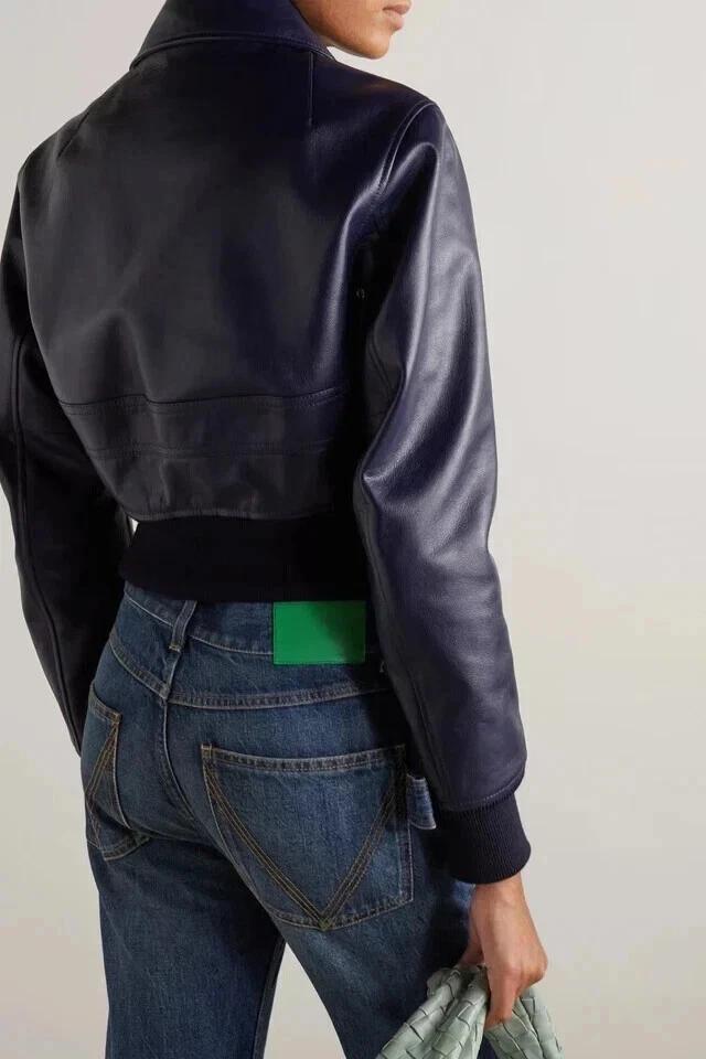 Stylish Women's New Navy Blue Genuine Lambskin Leather Jacket Biker Motorcycle