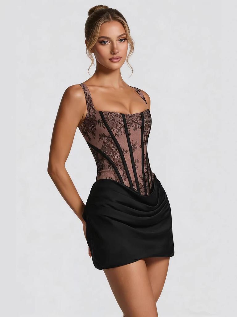 Lace Patchwork Backless Bodycon Dress with Waist-Cinched Tie-Up Camisole