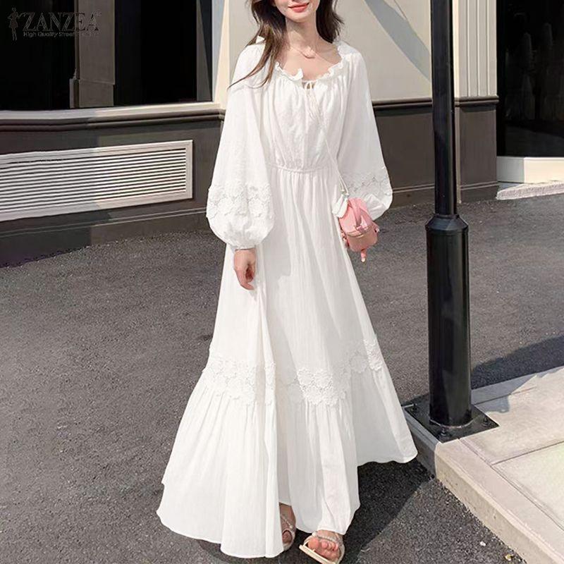 ZANZEA Women Bohemian Lace Crochet Patchwork Casual Long Sleeve Long Dress