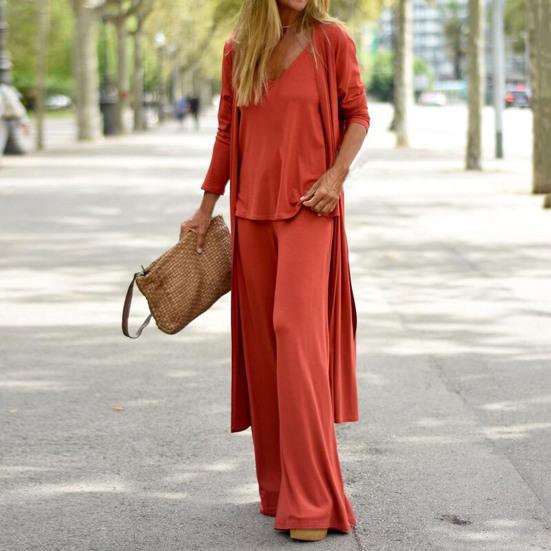 Three-piece Stylish V Neck Top Women Pants Suit Sleeveless Top Casual Solid Color Autumn Suit