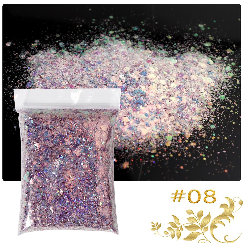 50g/sáček Mořská panna Šestiúhelníkové třpytivé vločky 3D flitry Třpytivé duhové Smíšené flitry Plátky Paillette DIY Nail Art Decoratio