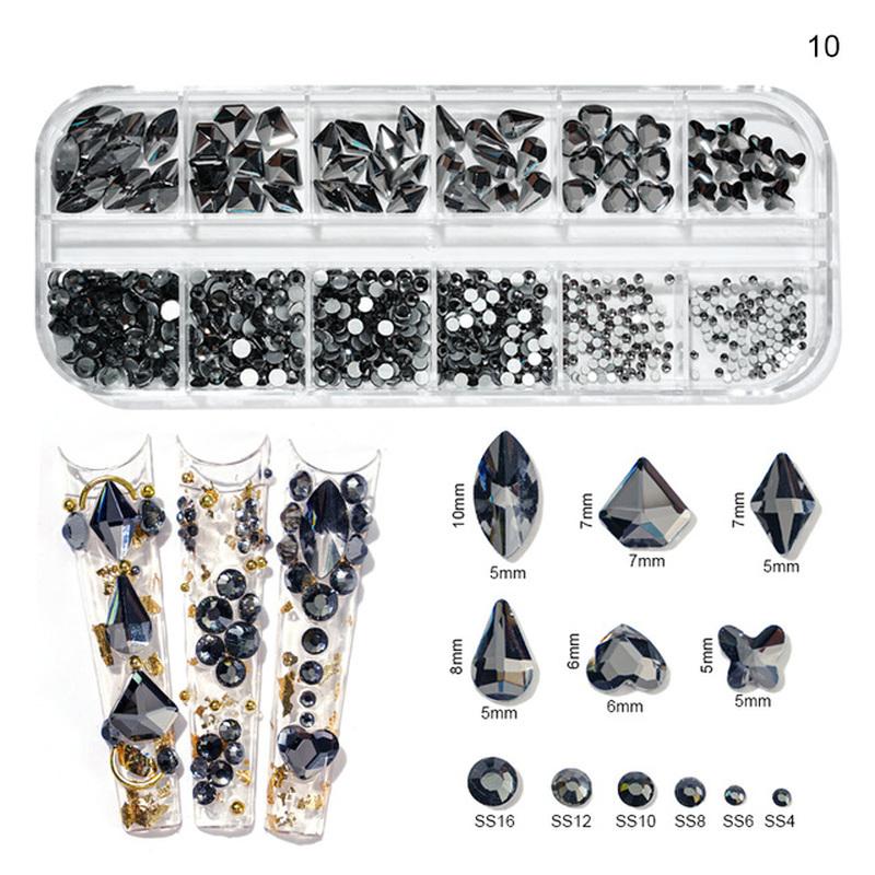 12Gird Box Multi Size AB/Colorful Hotfix Rhinestones Flatback Crystal Diamond Gems 3D Glitter Nail Art Luxurious Decorations