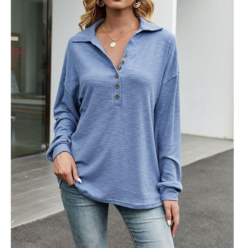 

2022 Lapel Half Open Button Loose Casual Top Women s Haze Blue S