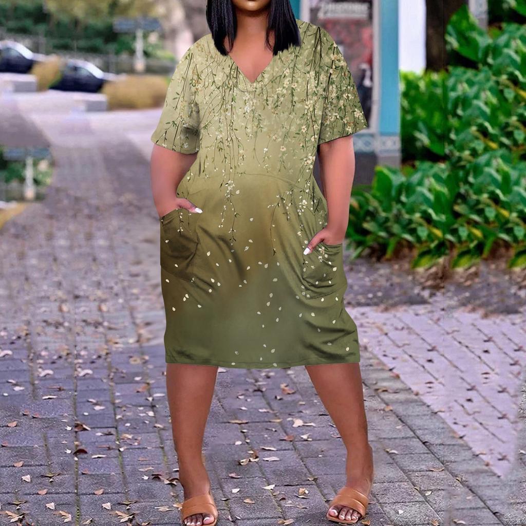 Summer Plus Size V Neck Short Sleeve Knee Pocket Print Casual Dress For Women