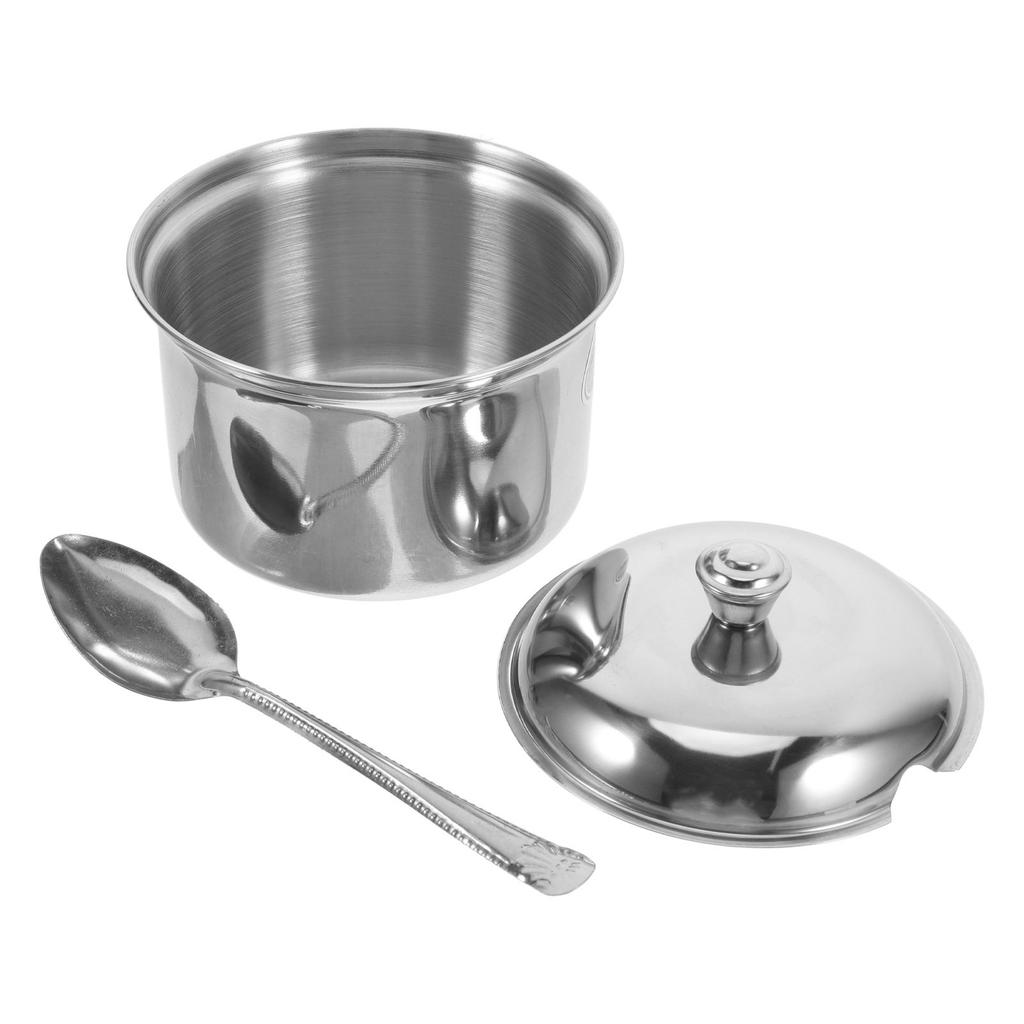 Stainless Steel Sugar Bowl with Lid Spoon Airtight Condiment Dispenser for Kitchen Counter Salt Pepper Soy Sauce Storage