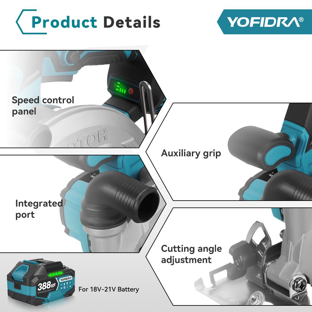 YOFIDRA 6Inch Brushless Electric Circular Saw Digital Display Chainsaw Multifunctional Cutting Tool For Makita 18V Battery Pin
