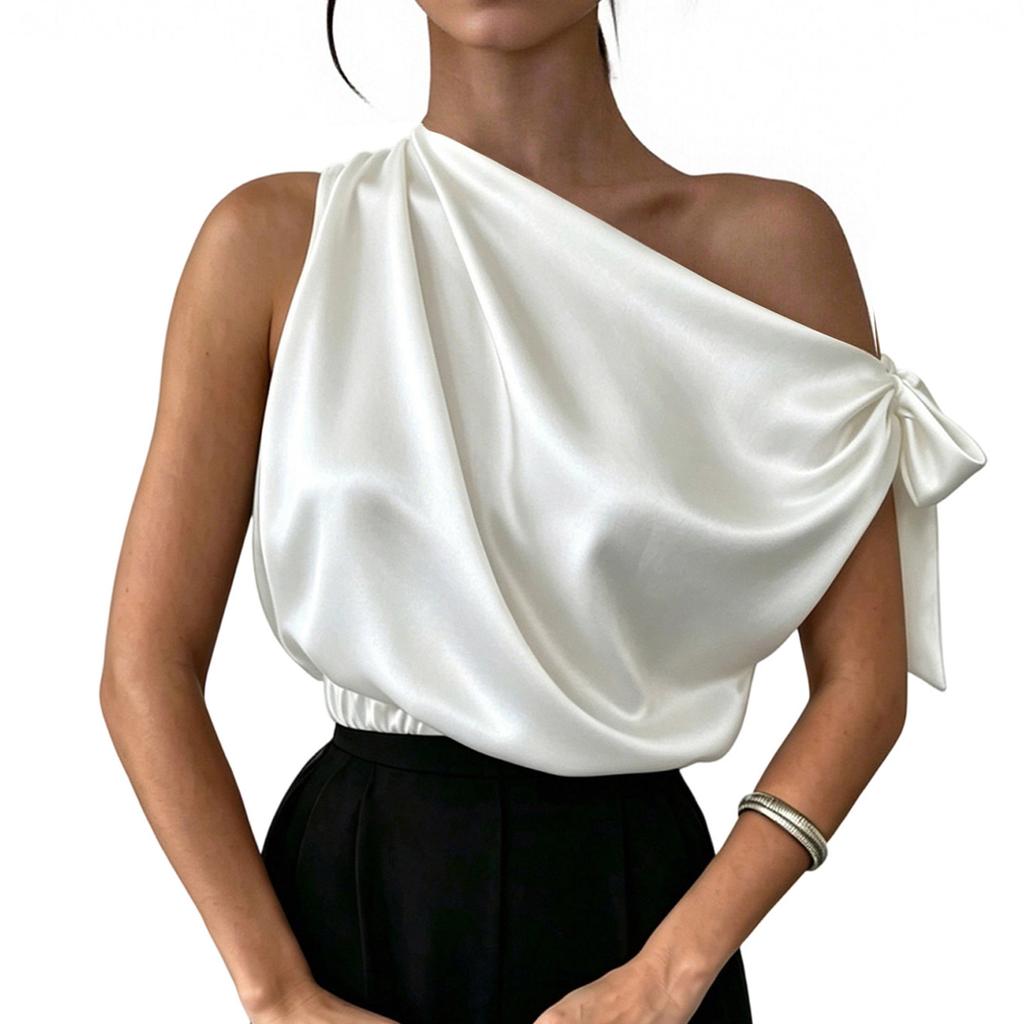 Satin Asymmetric One Shoulder Blouse for Women with Off Shoulder Elegant Top Shirt
