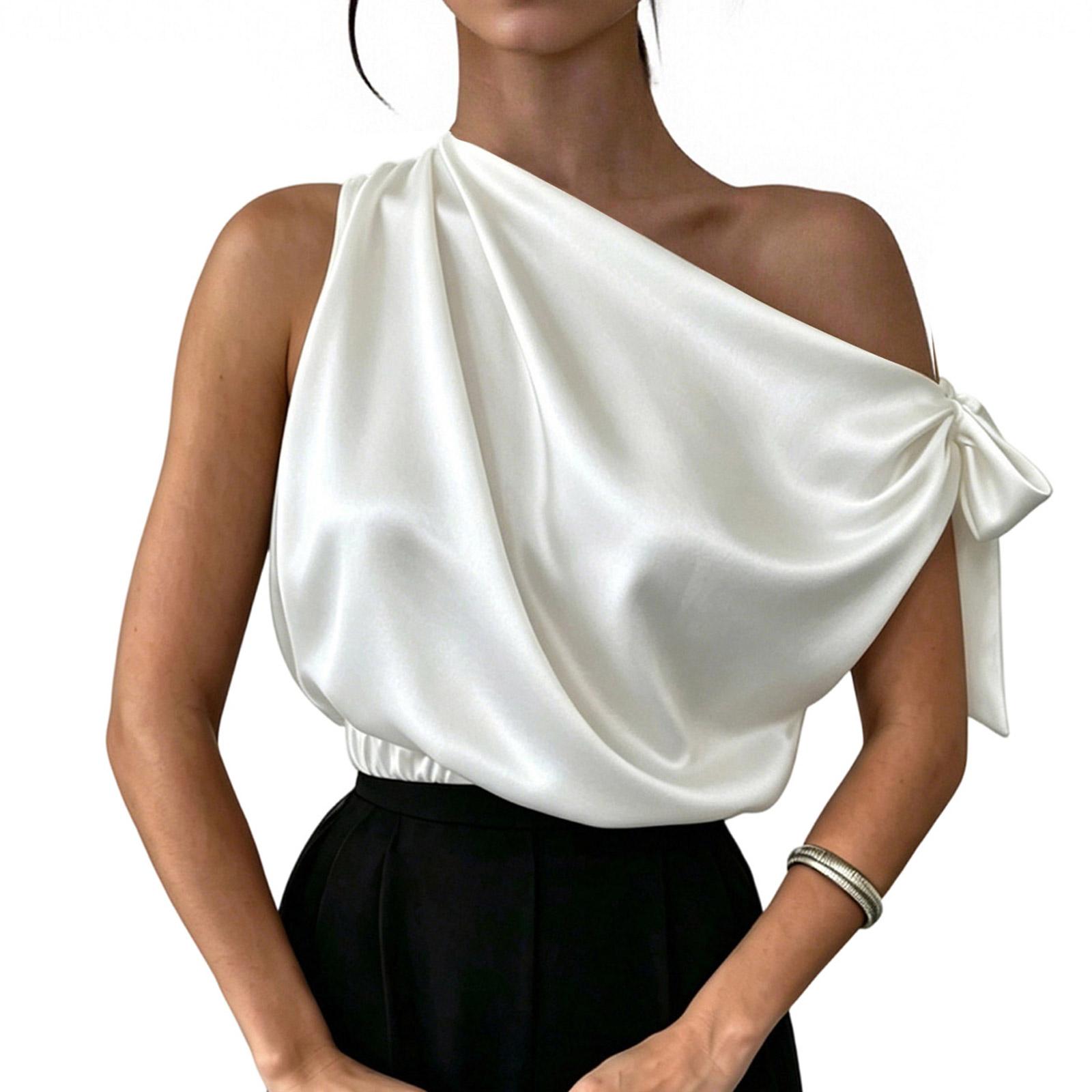

Satin Asymmetric One Shoulder Blouse for Women with Off Shoulder Elegant Top Shirt S білий