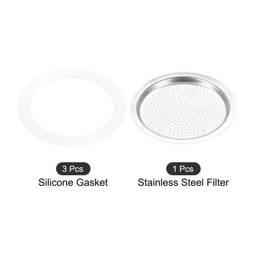 Uxcell אטם סיליקון לסיר קפה מוקה 3 כוסות, 50x64 מ"מ (1 חתיכה) ומסנני נירוסטה, 59x60 מ"מ (3 חתיכות)
