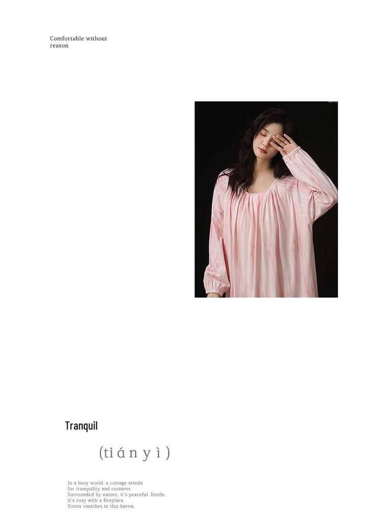 Cainiqing Autumn Women's Long-Sleeve Cotton Nightgown with Bra Pads - Maternity and Extended Length Dress for Home, Fall, and Spring.