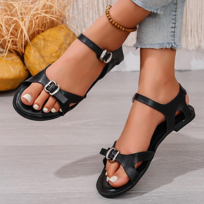 Fashion Minimalist Roman Sandals Women's Summer New Round Toe Metal Buckle Versatile Soft Sole Non-slip Strap Plus Size Flats