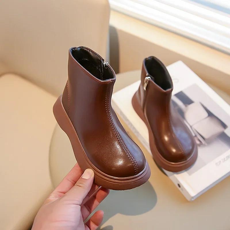 

Spring Autumn Children s Boots Simple Style Girls Leather Boots Solid Color Kids Causal Ankle Boots Classic Side Zipper 23 коричневый