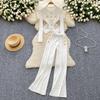 Autumn Elegant Slim Two Pieces Sets Women Metal Buckle O-Neck Sweater High Waist Wide Leg Pants Knitted Sets