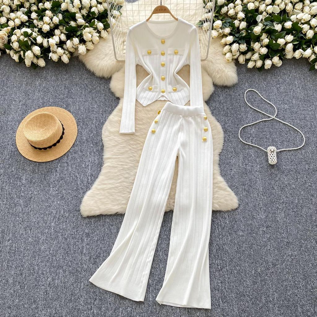Autumn Elegant Slim Two Pieces Sets Women Metal Buckle O-Neck Sweater High Waist Wide Leg Pants Knitted Sets