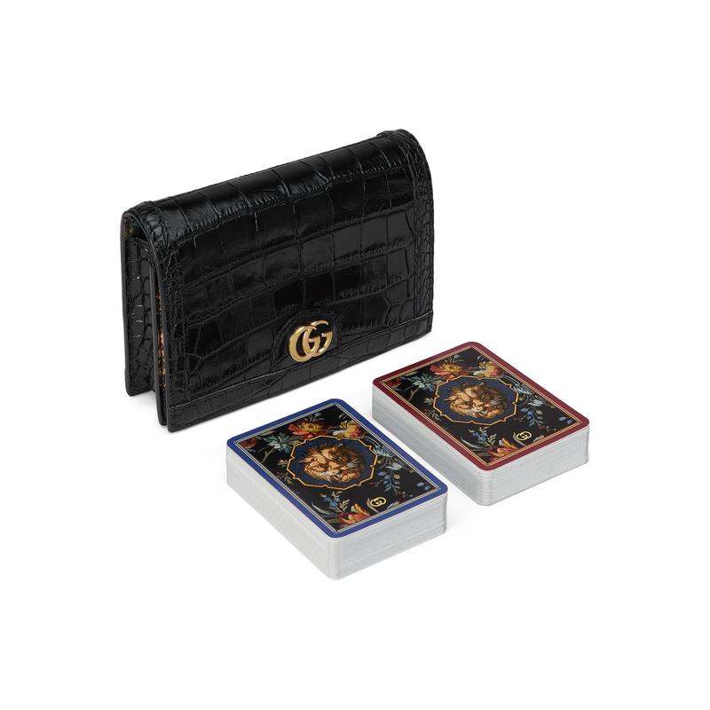 Gucci Gold tone double G accessories lion head pattern crocodile leather playing card set storage bag men and women same style couple model black