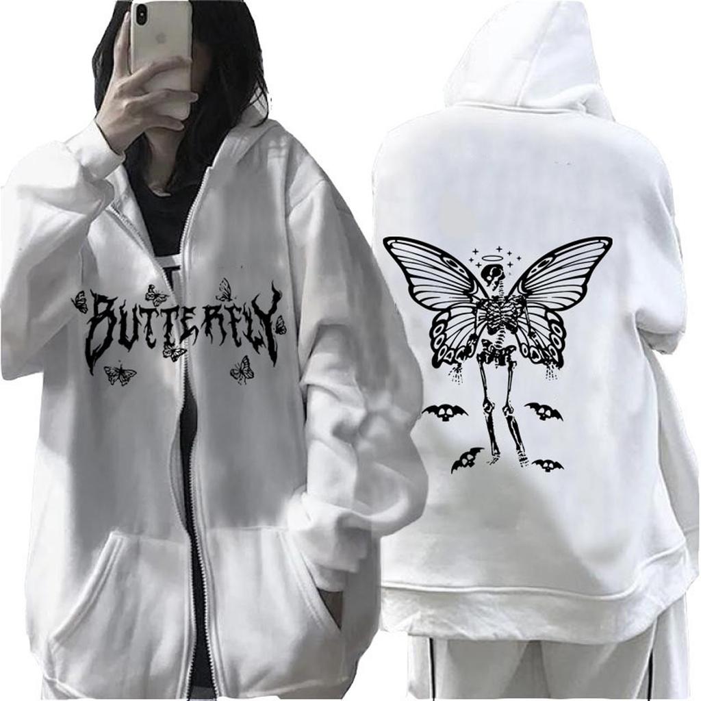 Women's Butterfly Printed Zipper Coat Hooded Sweatshirt (Butterfly)