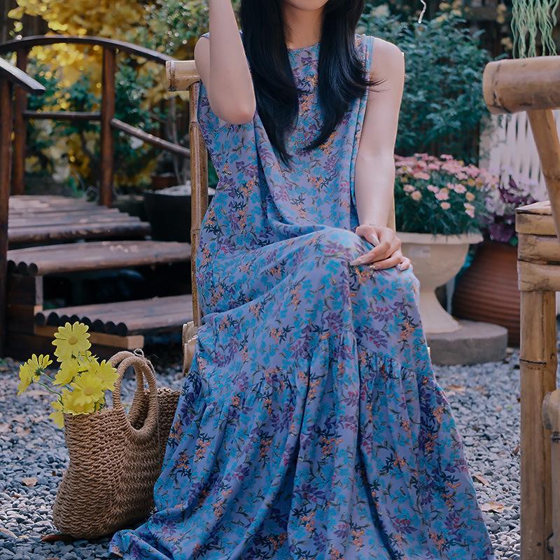 Robe de nuit sans manches en coton et soie pour femme, été, idyllique, ample, grande taille, peut être portée dehors, jupe fishtail en coton artificiel à fleurs