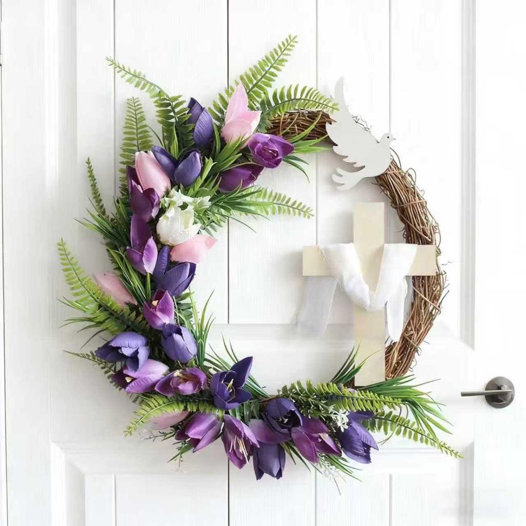 New Easter Cross Wreath With Bow Rattan Ring Garland Hanging Ornament For Home Front Door Wall Garden Decoration Art Gift