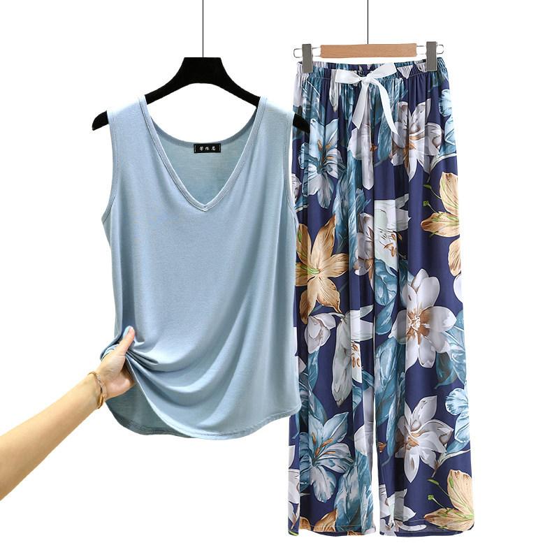 Lockere Modal-Pyjama-Sets Sommer V-Ausschnitt Tanktop und Florale Weite Hosen Lässiger Hausanzug ärmellos Loungewear Übergröße