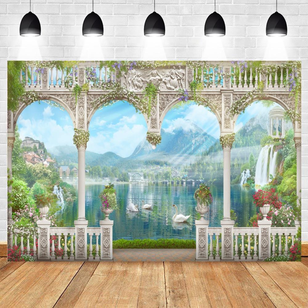 Summer Seaside Tropical Beach Balcony View Backdrop Palm Trees Mountain Wedding Party Portrait Photography Background Photo Prop