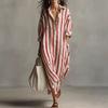 European & American Striped V-neck Summer Shirt Dress with 3/4 Sleeves