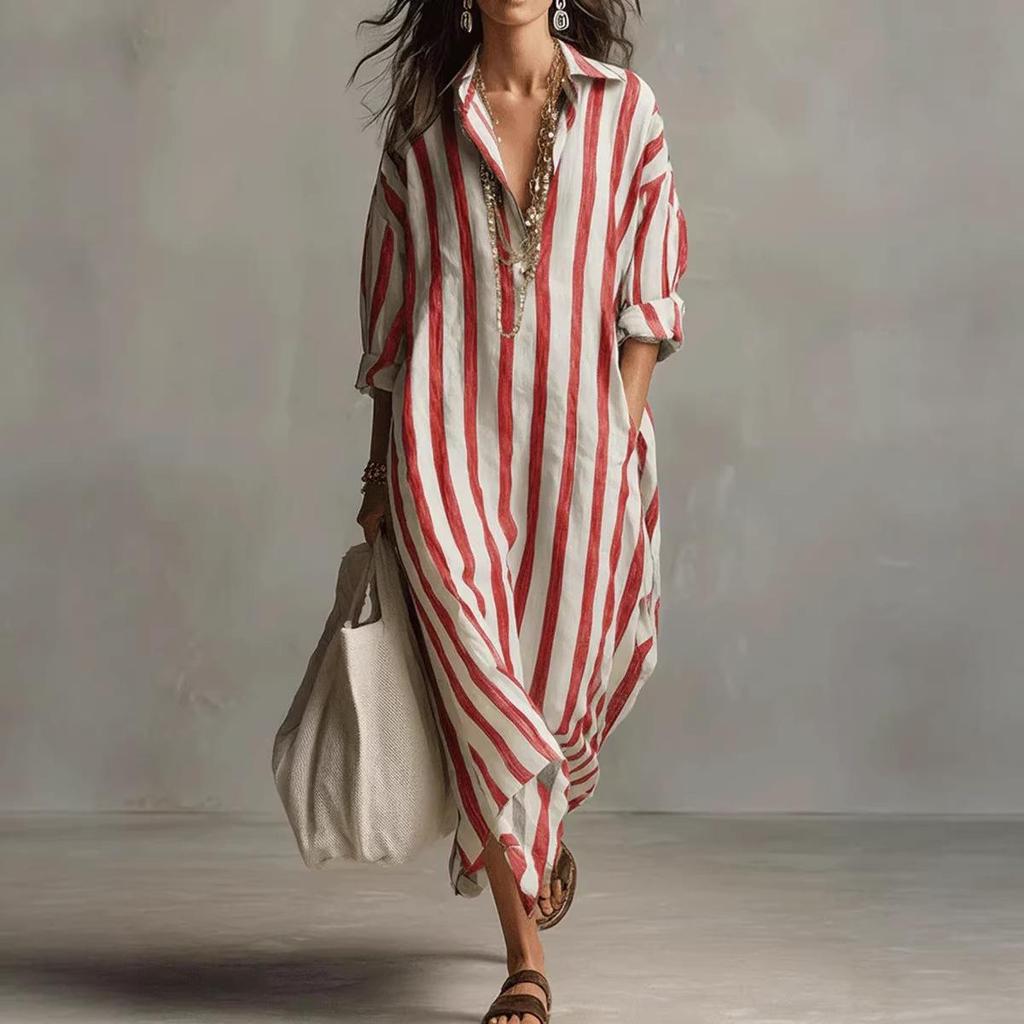European & American Striped V-neck Summer Shirt Dress with 3/4 Sleeves