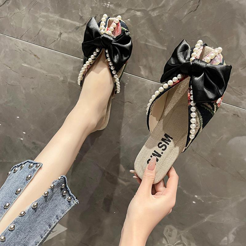 

Внешняя торговля 2024 лето новые цветочные жемчужные туфли на плоской подошве женские повседневные тапочки с бантом прилив 35 чёрный