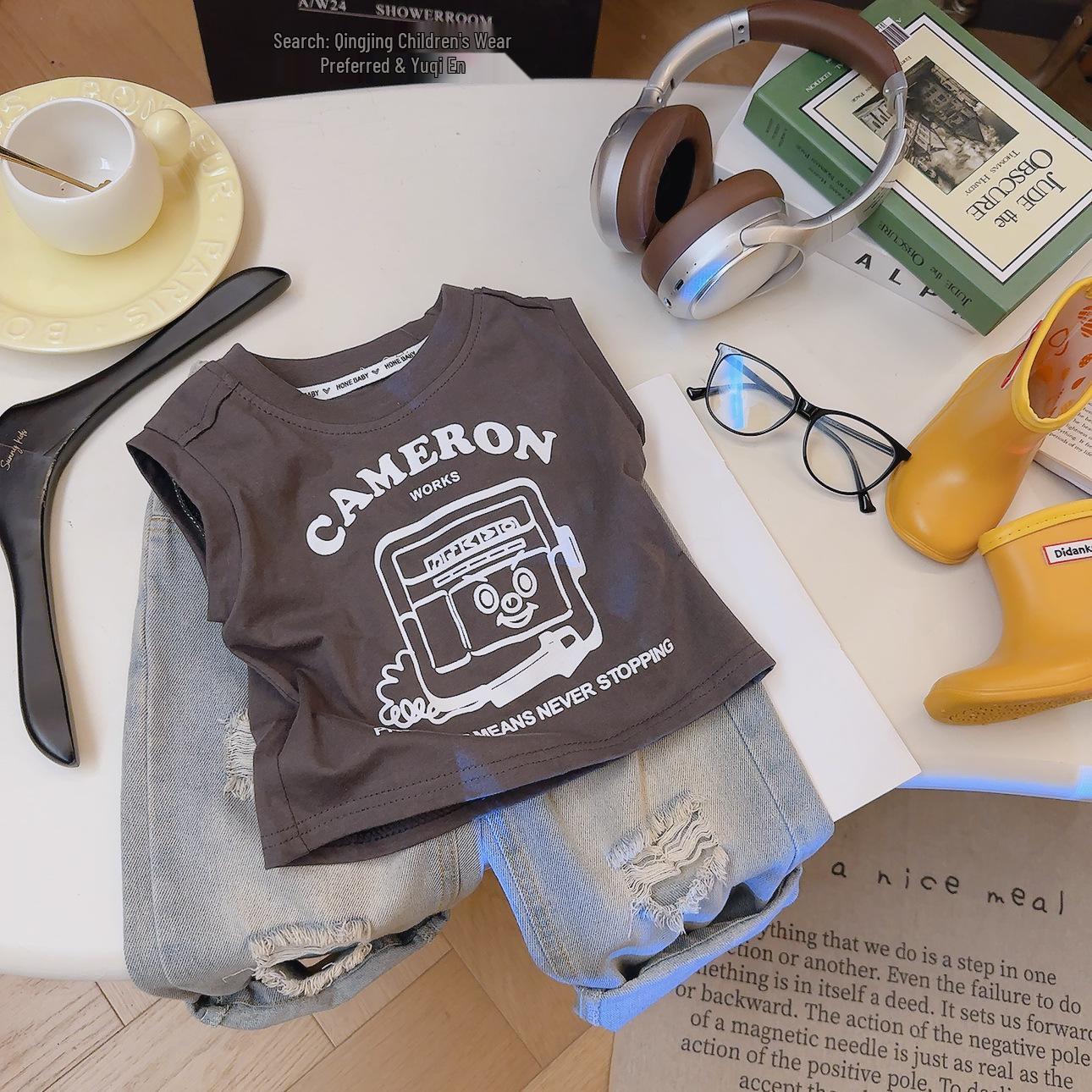 

2026 Boys Stylish Sleeveless Round Neck T-shirt - Trendy Summer Casual Wear for Kids 90cm