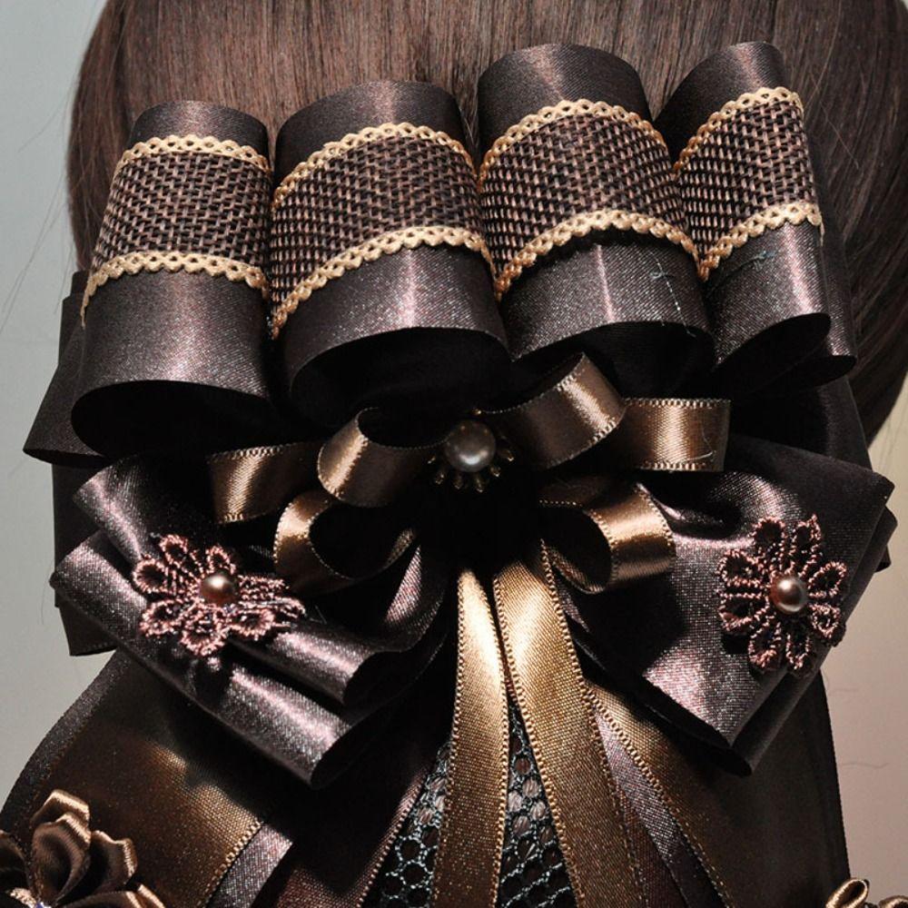 Women Girl Bowknot Net Bun Fashion Pearl Barrette Headdress Flower Snood  For Nurse Bank Catering