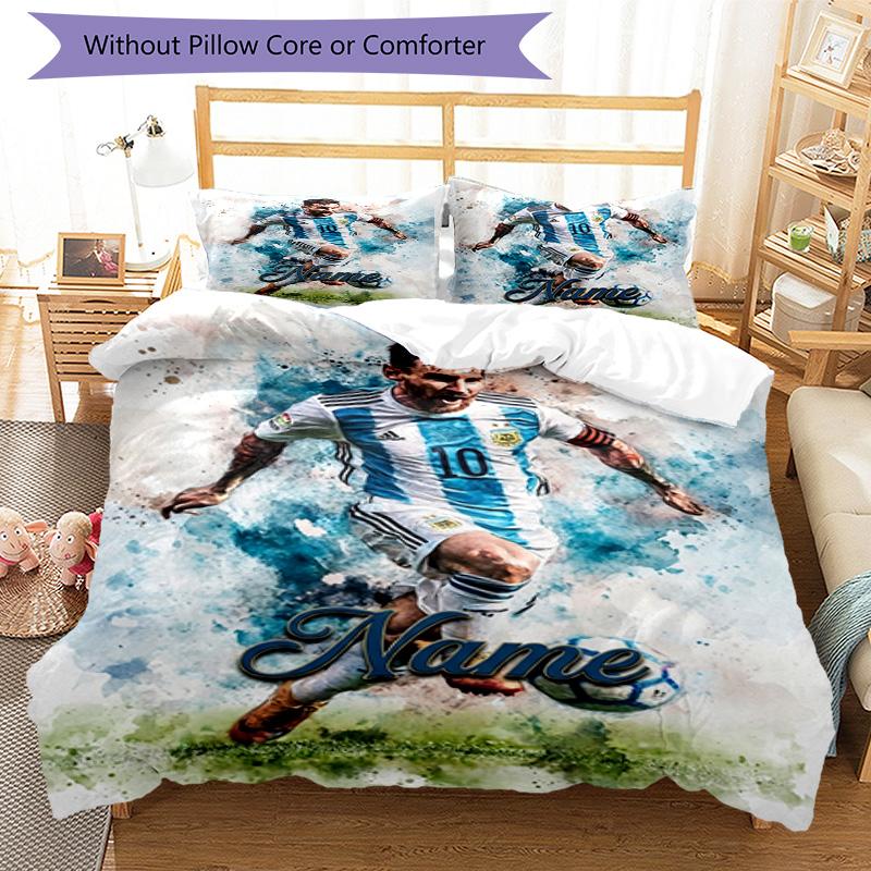 Messi Custom Name Soccer Watercolor Personalized Name Bedding Set,Light Bed Linen for Dorm Home Decoration,Perfect Festival Gift for Boys,Fade Resista