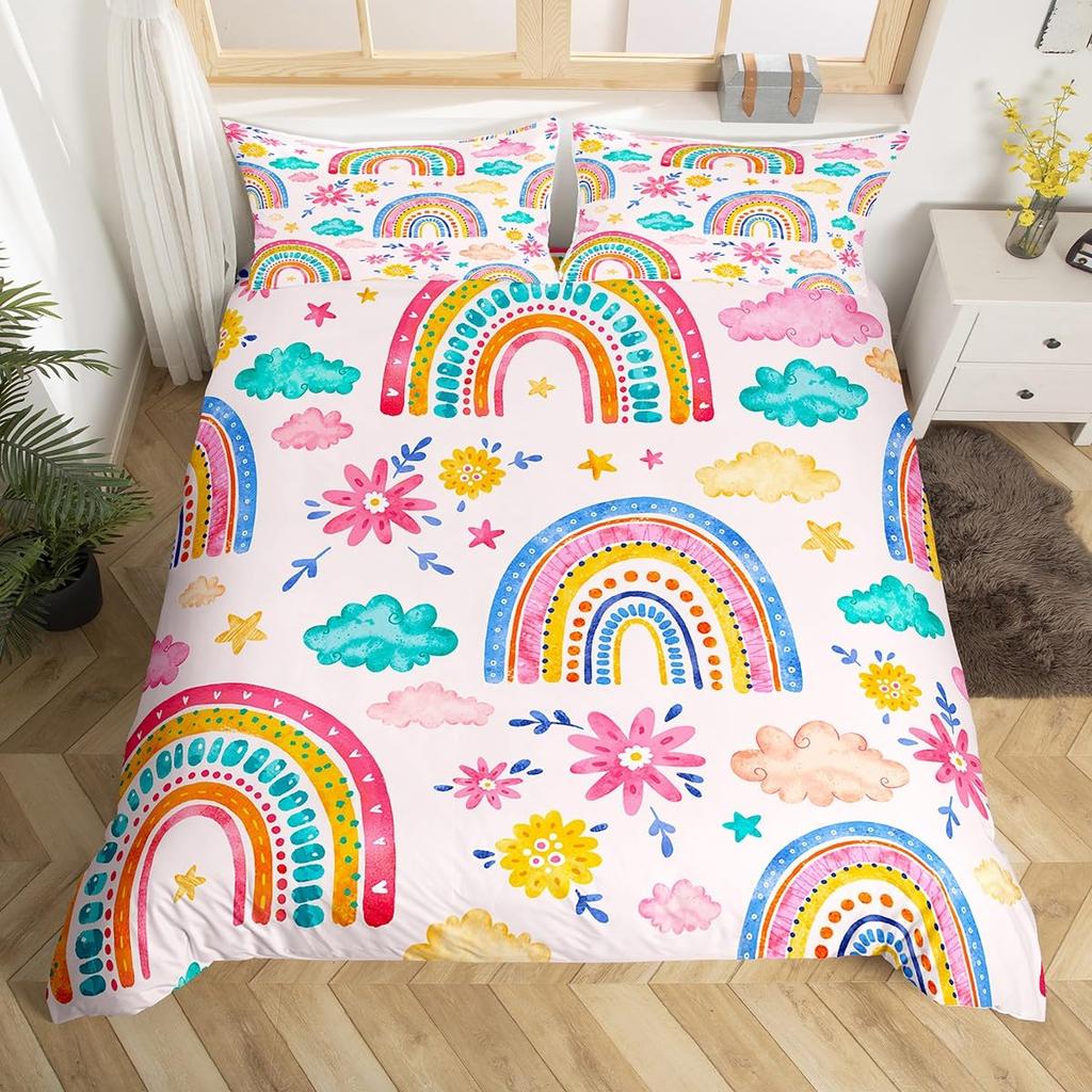 Capa de edredom arco-íris feminino rosa desenho animado conjunto de cama crianças meninas nuvens fofas coroa edredom capa kawaii glitter estrelas colcha capa