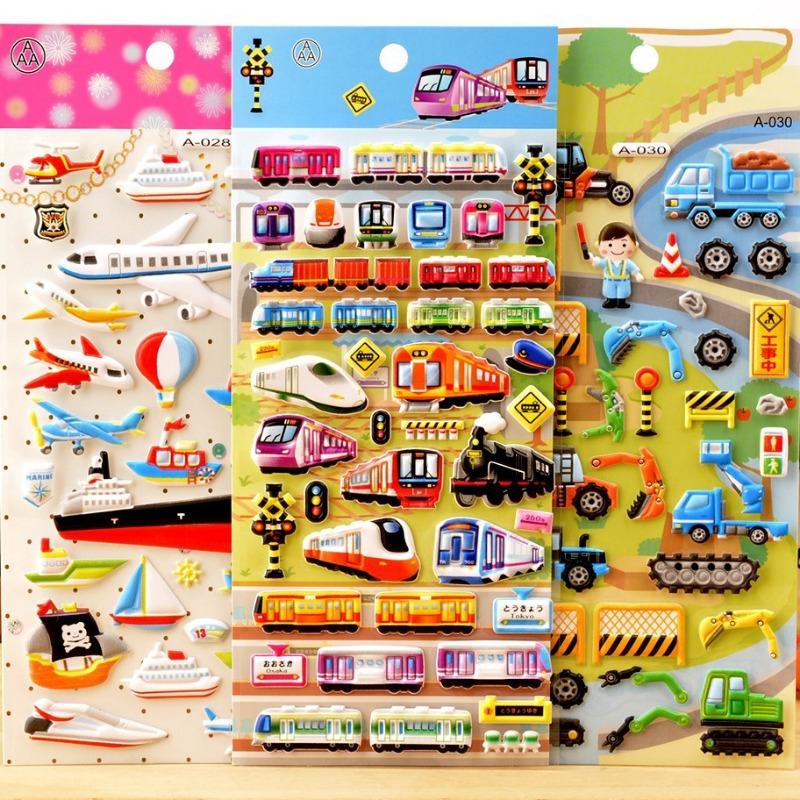 1pcs 3D Relief Stickers for Baby Boys Girls Cartoon Transportation Vehicles Kindergarten Reward Stickers DIY Adhesive Materials