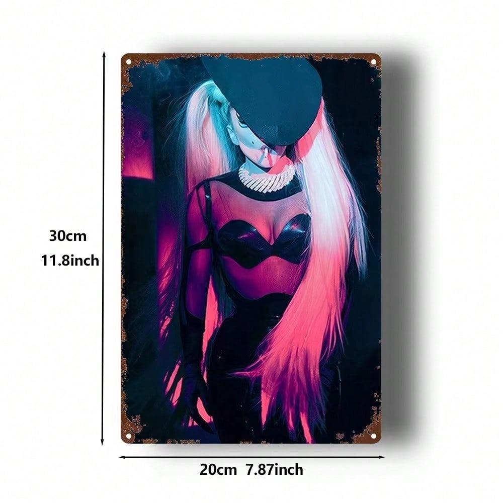 2D Mystic Girl Metal Sign Vintage Wall Art Black Lace Pink Hair Home Decor Bedroom Living Room 8x12 Inch
