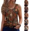 Top Vestă Femei Nouă Modă Retro Imprimeu Texturat Floral cu Dungă Gât Rotund Larg Casual cu Nasturi Fără Mânecă