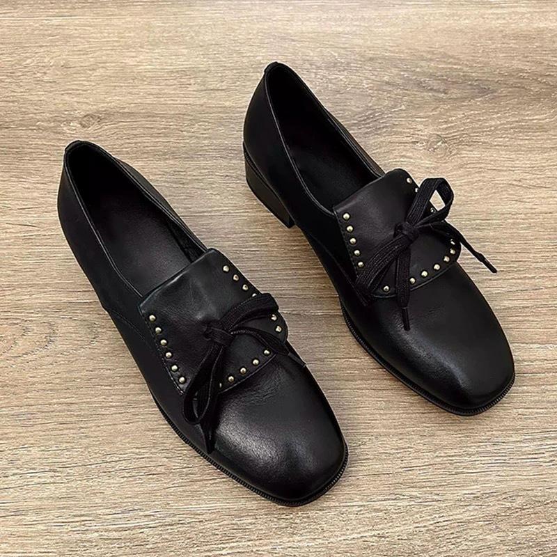 Retro British Leather Round Head Bow Flip Tongue Loafers Women's 2025 Spring New Thick Heel Small Leather Shoes Single Shoes