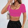 Summer Sports Casual Women's Cut-off Style Knitted High Elastic Short-sleeved T-shirt Tops