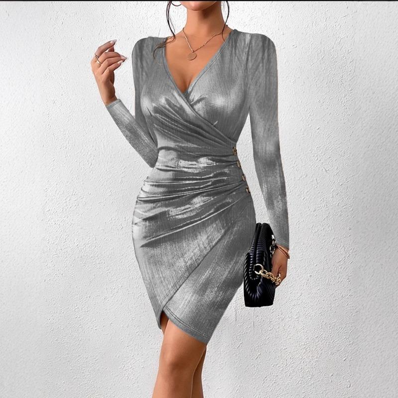 New Sexy Hip Wrap Fashion Collar Slit Solid Color Dress Women