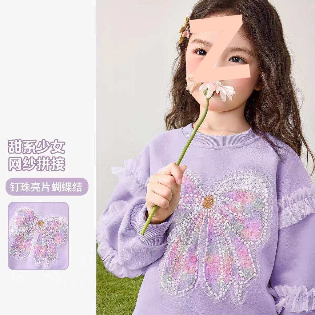 Girls Spring Autumn Long Sleeve Sweatshirt with Bow and Sequin Mesh Detail