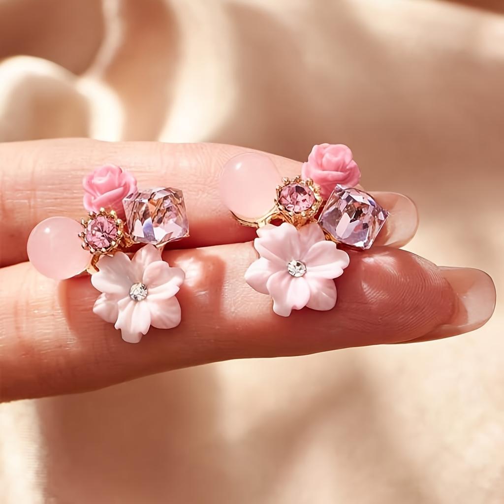 Delicate Flower Design Dangle Earrings - Shiny Zircon Inlaid, Elegant Cute Style, Exquisite Jewelry