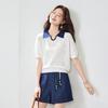 Women's Contrast Color Mulberry Silk Blend Polo Knit T-Shirt