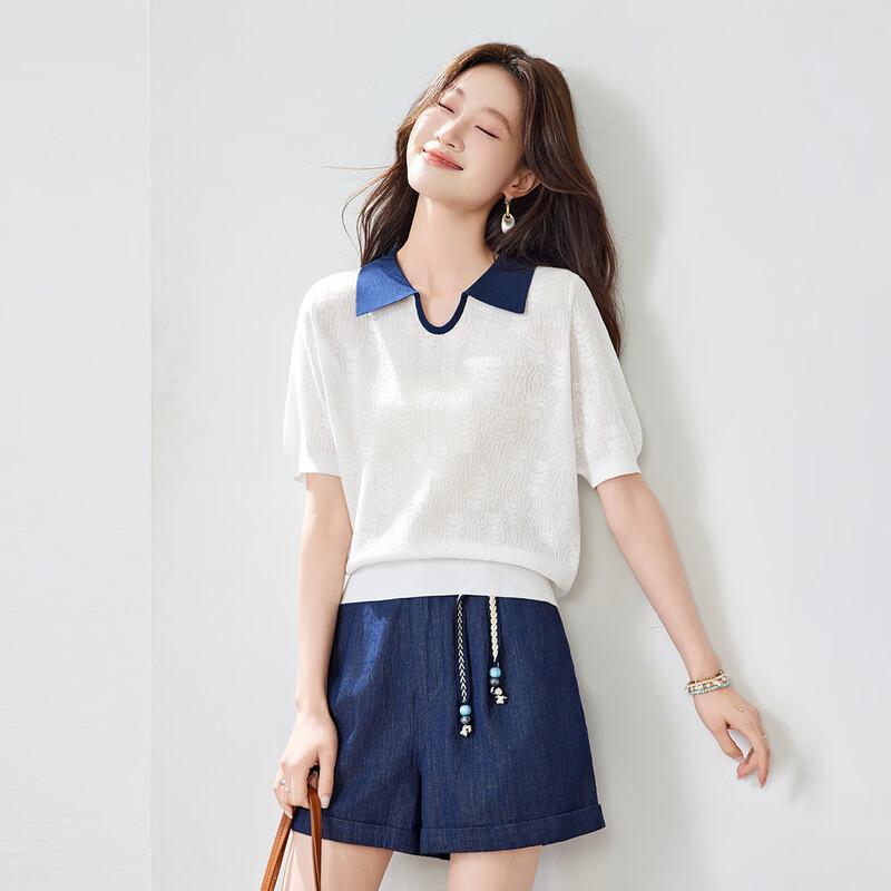 Women's Contrast Color Mulberry Silk Blend Polo Knit T-Shirt