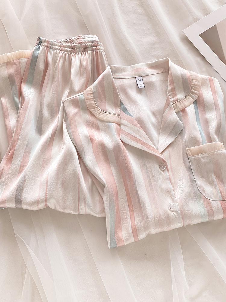 2025 Women s Long Sleeve Striped Silk Pajama Set - Lightweight Spring/Summer Homewear L