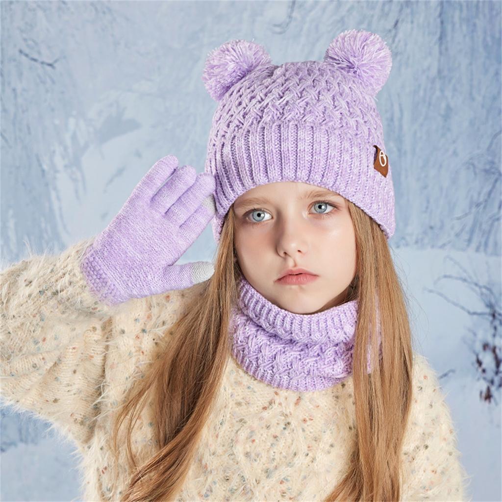 Kids Winter Hat Gloves Scarf Set, Girls Boys Pompom Hats Gloves Knit Set With Thick Fleece Lined For 4-10 Children