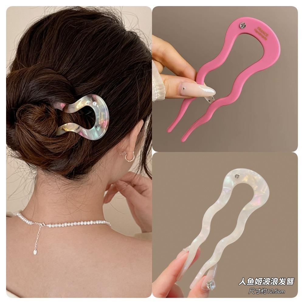 1/2/3pcs Acrylic Hair Pins Sticks for Women Girls Elegant Rhinestone U shaped Wave Fork Pink Black Hair Updo Styling Accessories