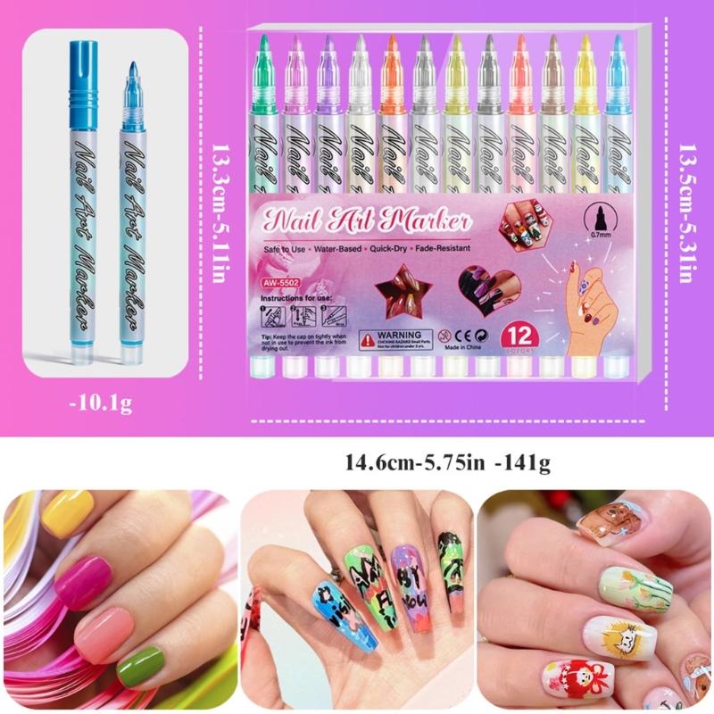 12 Color Quick Dry Nail Art Pens Fine Tip for Precise Drawing Not Require Lamp Water Based Safe for DIY Manicures