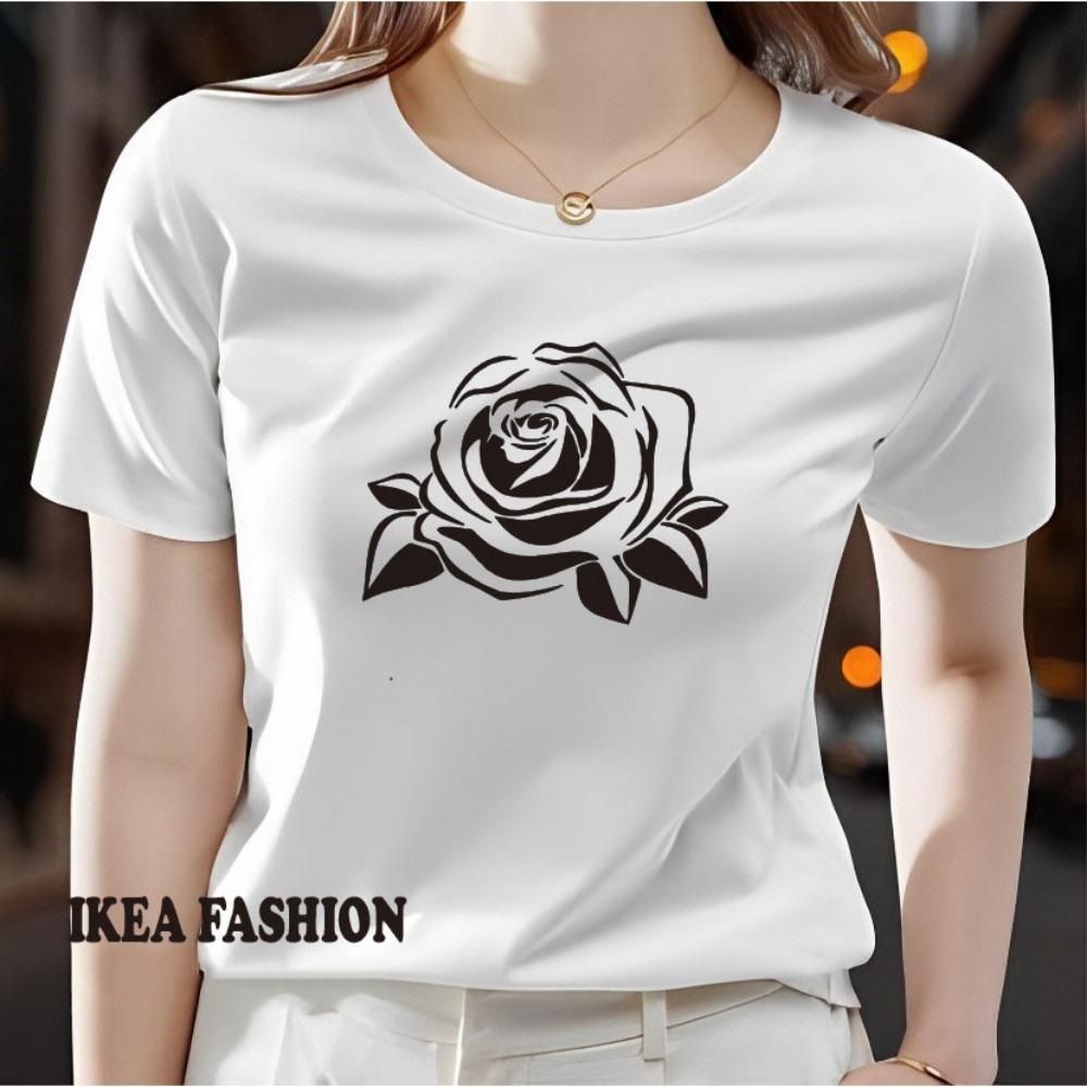 Ladies' Rose Printed T-shirt - Lightweight Polyester Short Sleeve Round Neck Top Machine Washable Spring, Summer, Autumn Casual Shirt