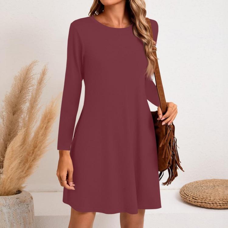 Casual Long Sleeve Side Pocket Dress Women Solid Color Round Neck Fashion