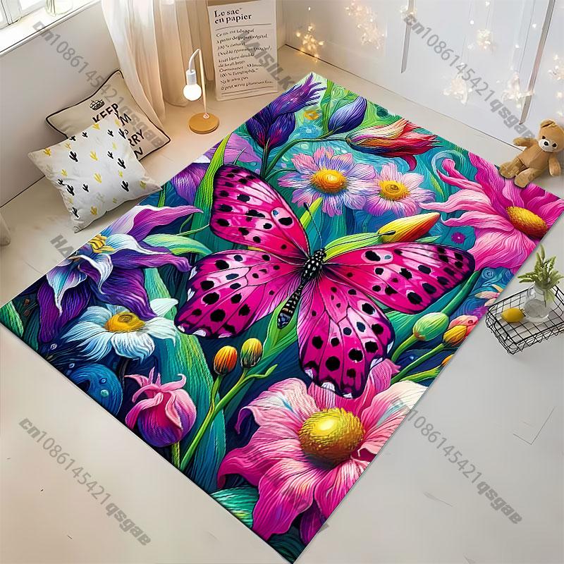 Vibrant butterfly among flowers carpet Yoga living room room decor children's crawling mat doormat area rug games mat